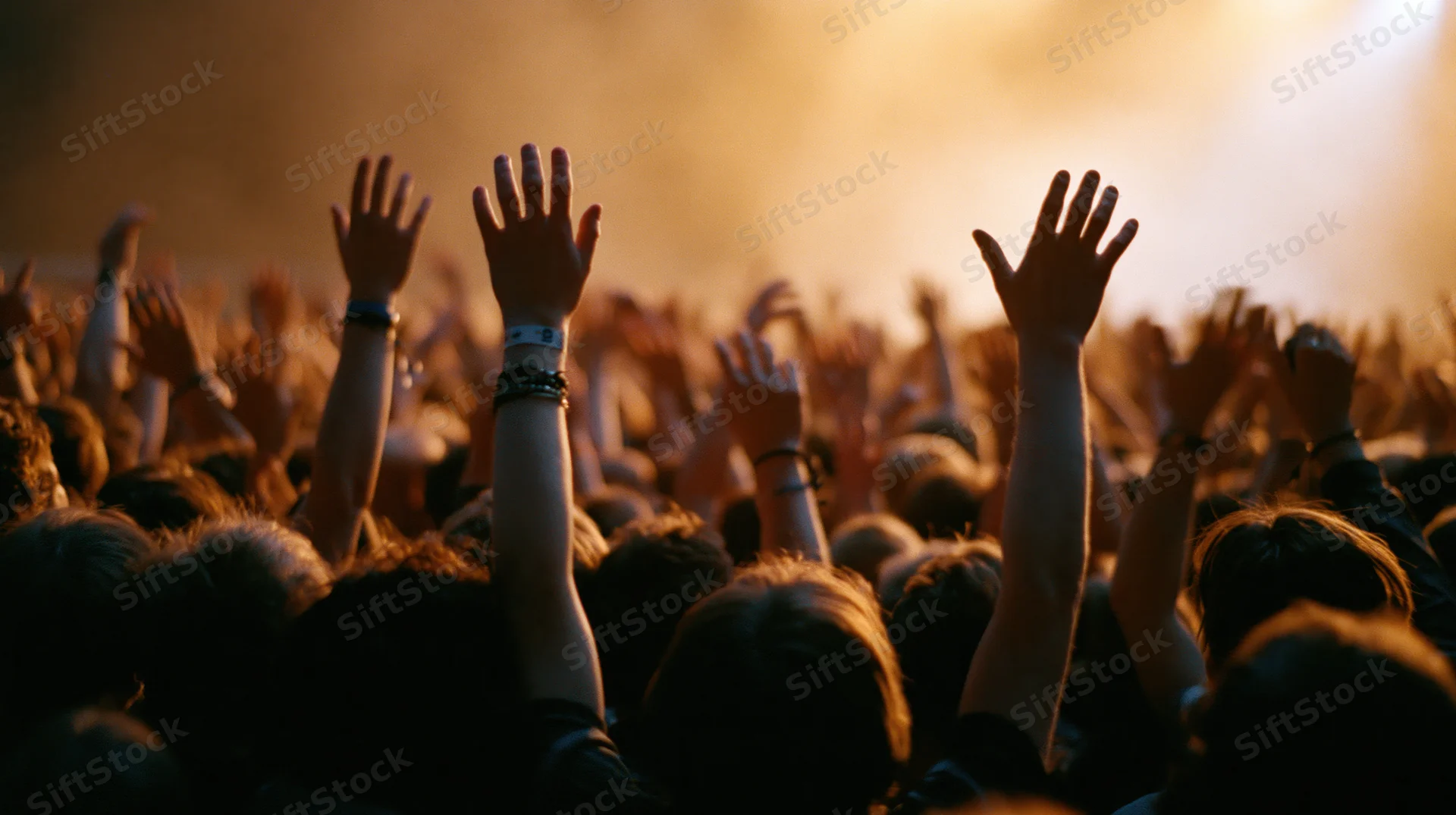 Crowd of people raising hands at outdoor concert event