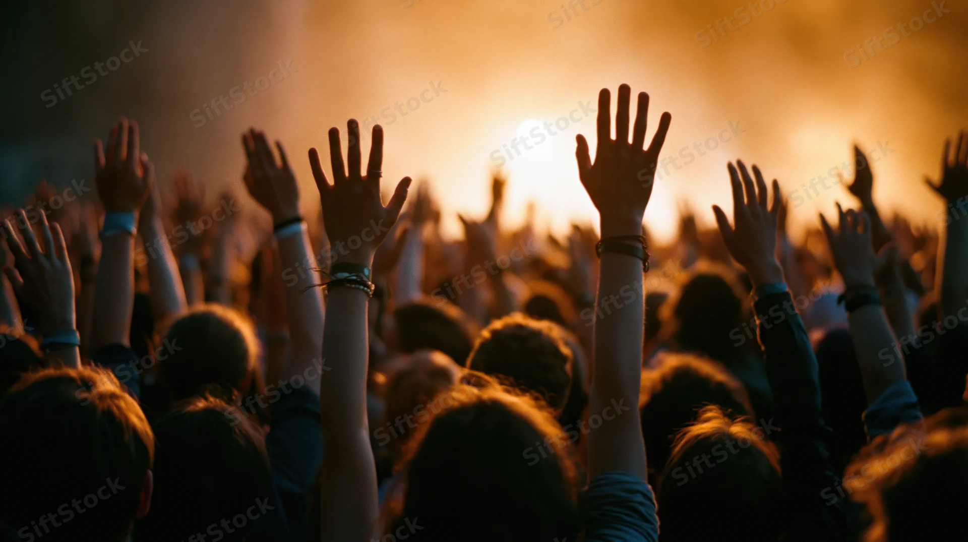 Crowd with hands raised at outdoor concert or worship gathering during sunset