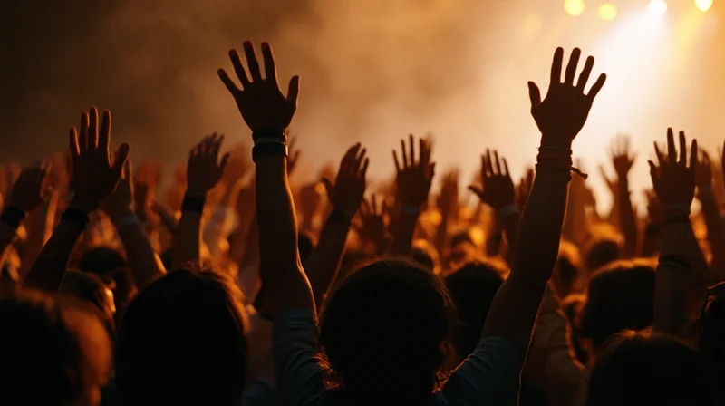 Crowd of people raising hands at outdoor concert under stage lights