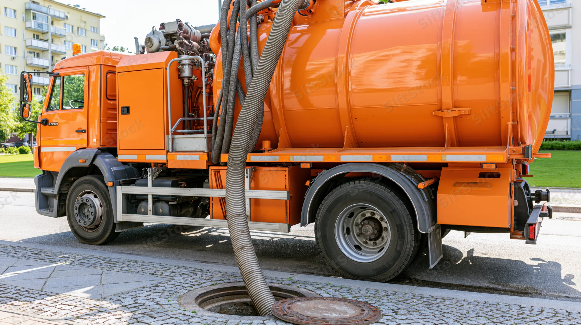 Orange municipal sewer vacuum truck parked at curb with hose inserted into open manhole