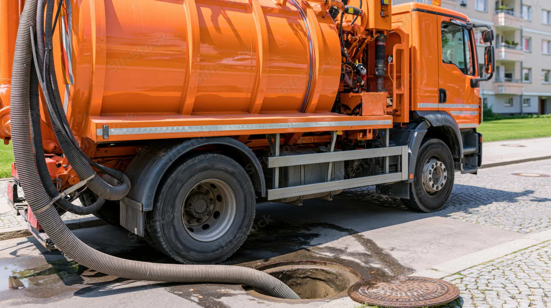 Orange municipal sewer vacuum truck parked at curb with hose inserted into open manhole