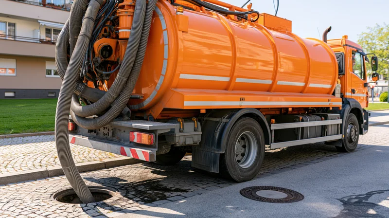Orange municipal sewer vacuum truck suctioning waste from open manhole at curbside residential street