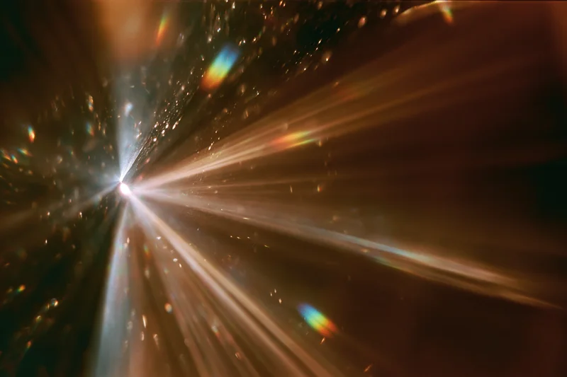 Light refracting through a crystal surface creating radiant beams and colorful flares