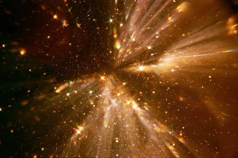 Light refracting through crystal surface creating starburst glow and golden sparkles