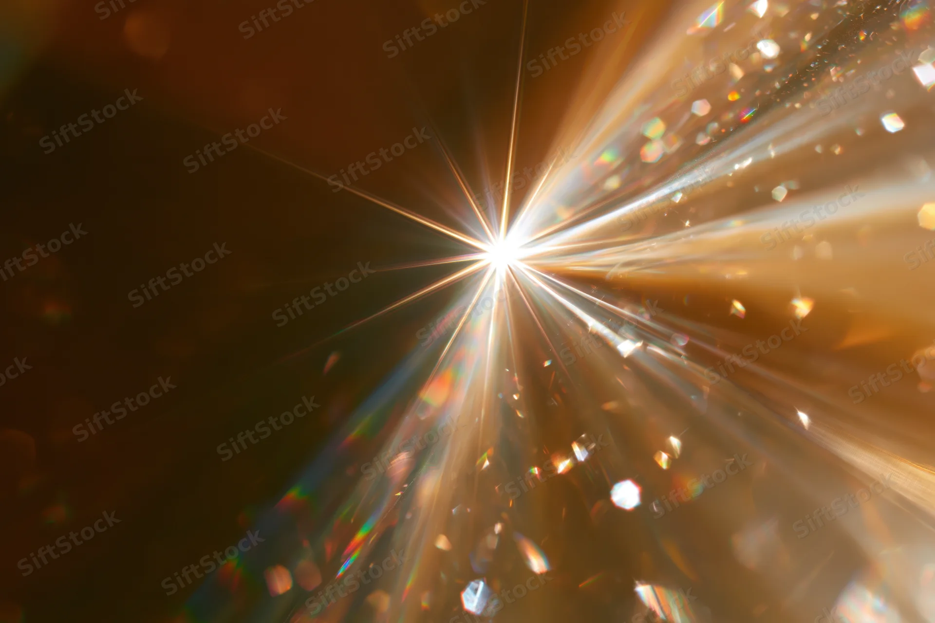 Light refracting through a glass crystal creating a starburst pattern with sparkling particles and warm glow