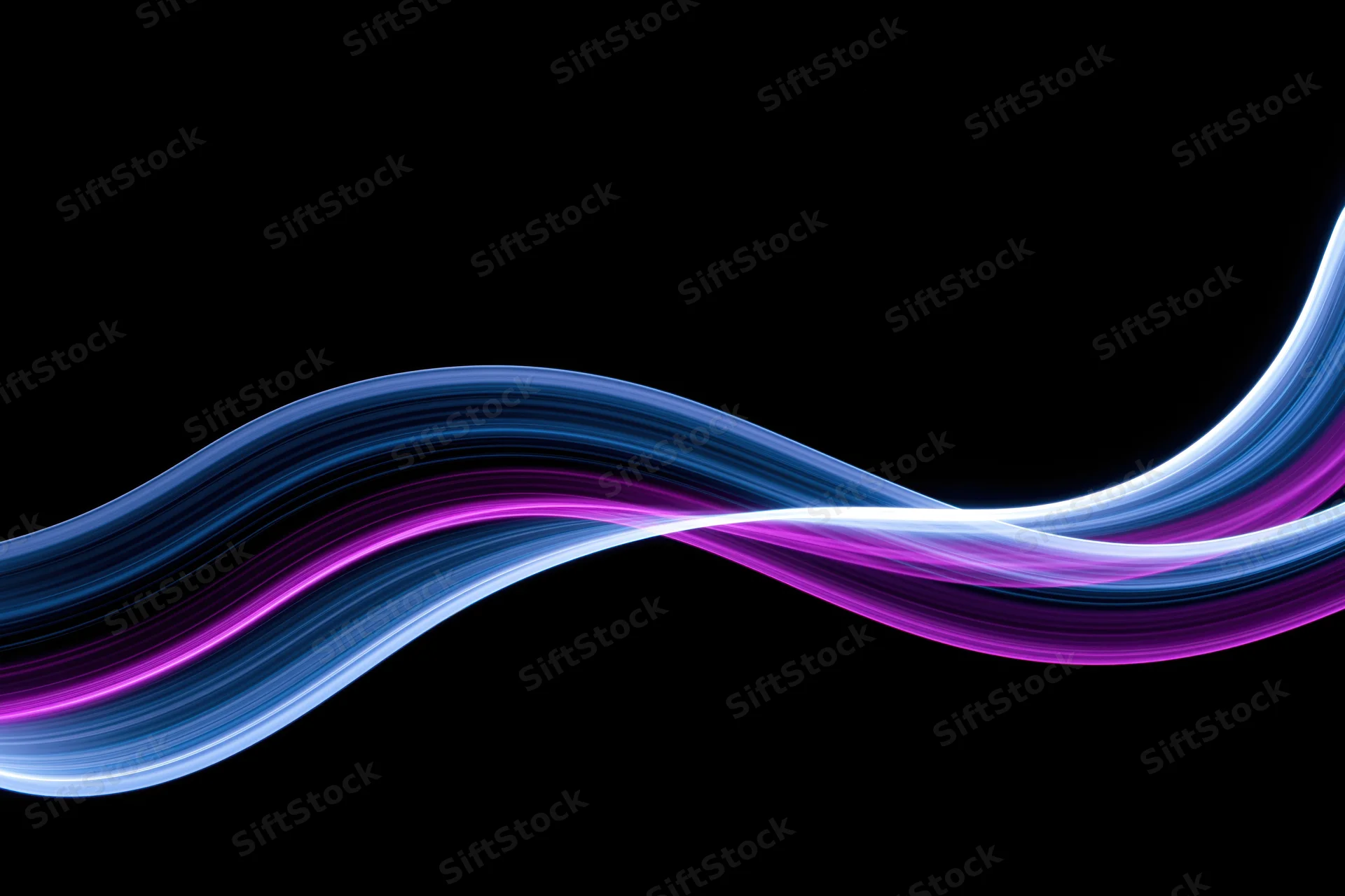 Flowing parallel light waves in blue and purple hues against black background