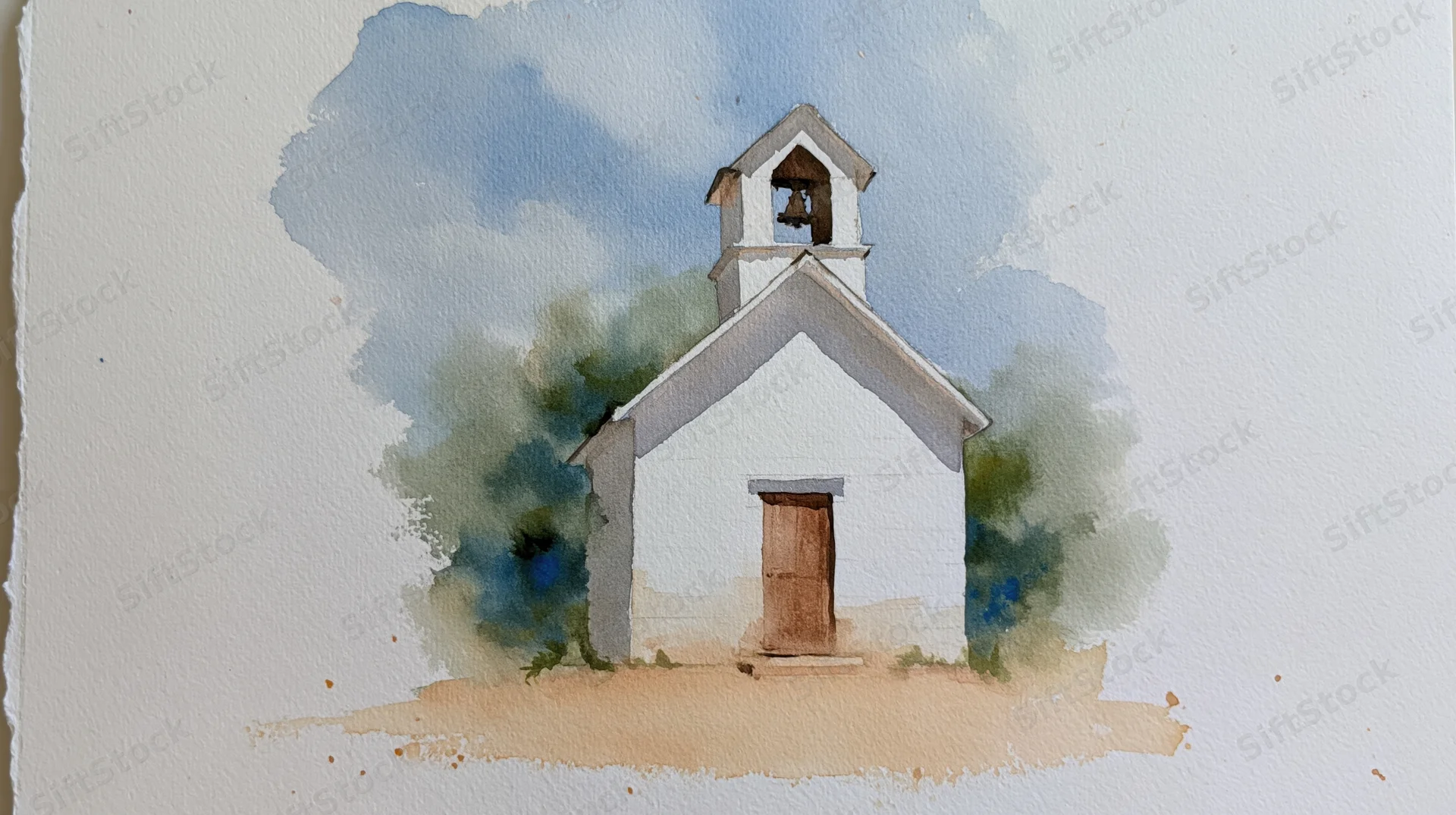 Small white country church with bell tower and wooden door surrounded by trees under cloudy sky in loose watercolor style