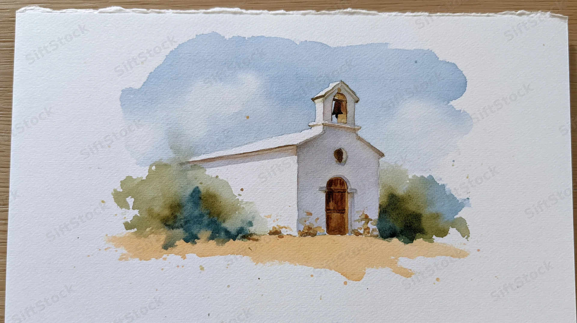 Small white country church with bell tower and green bushes under blue cloudy sky