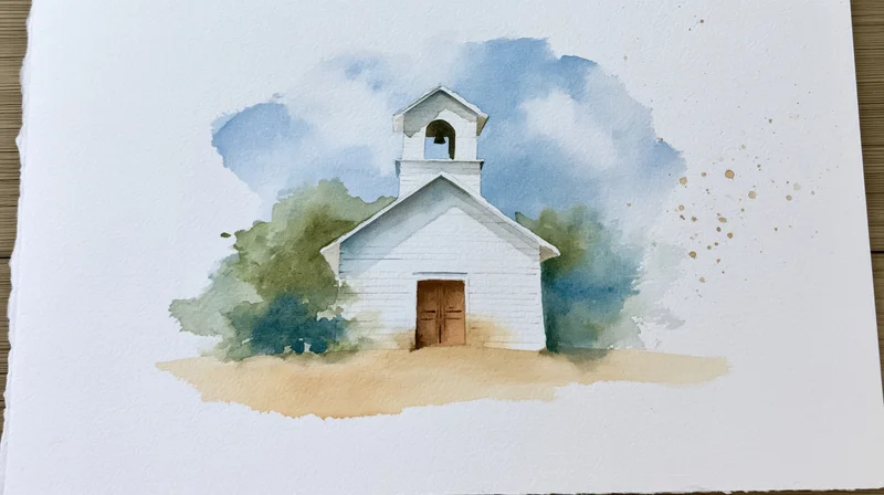 Small white country church with bell tower and green trees under blue sky, watercolor painting on paper