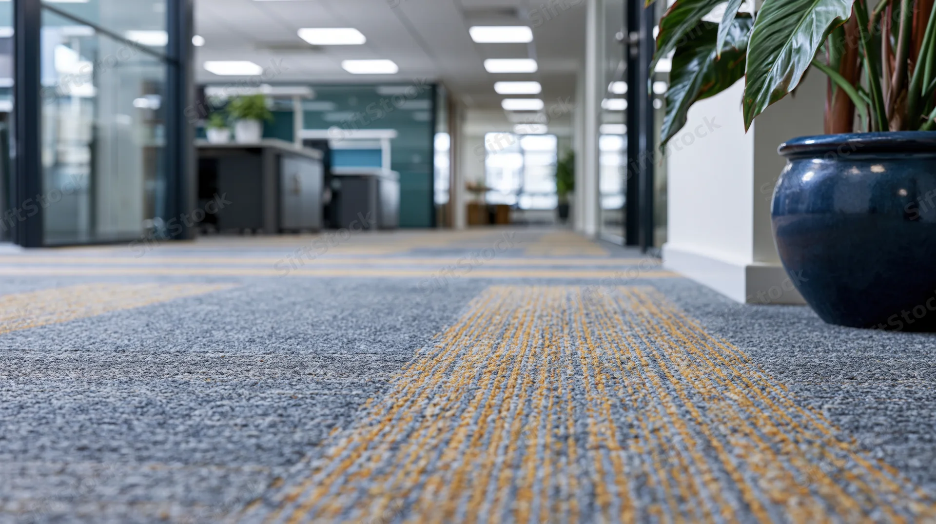 Low-angle view of gray and yellow striped carpet in modern office corridor with potted plant and glass partitions