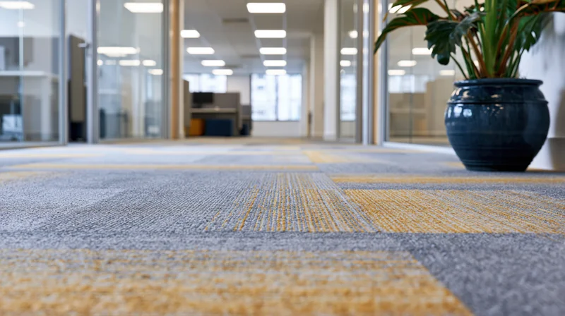 Low-angle view of a modern office corridor carpet with geometric gray and yellow pattern, glass partitions, and a potted plant in the foreground