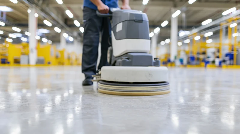 Maintenance worker operating floor buffer on polished concrete floor in industrial warehouse