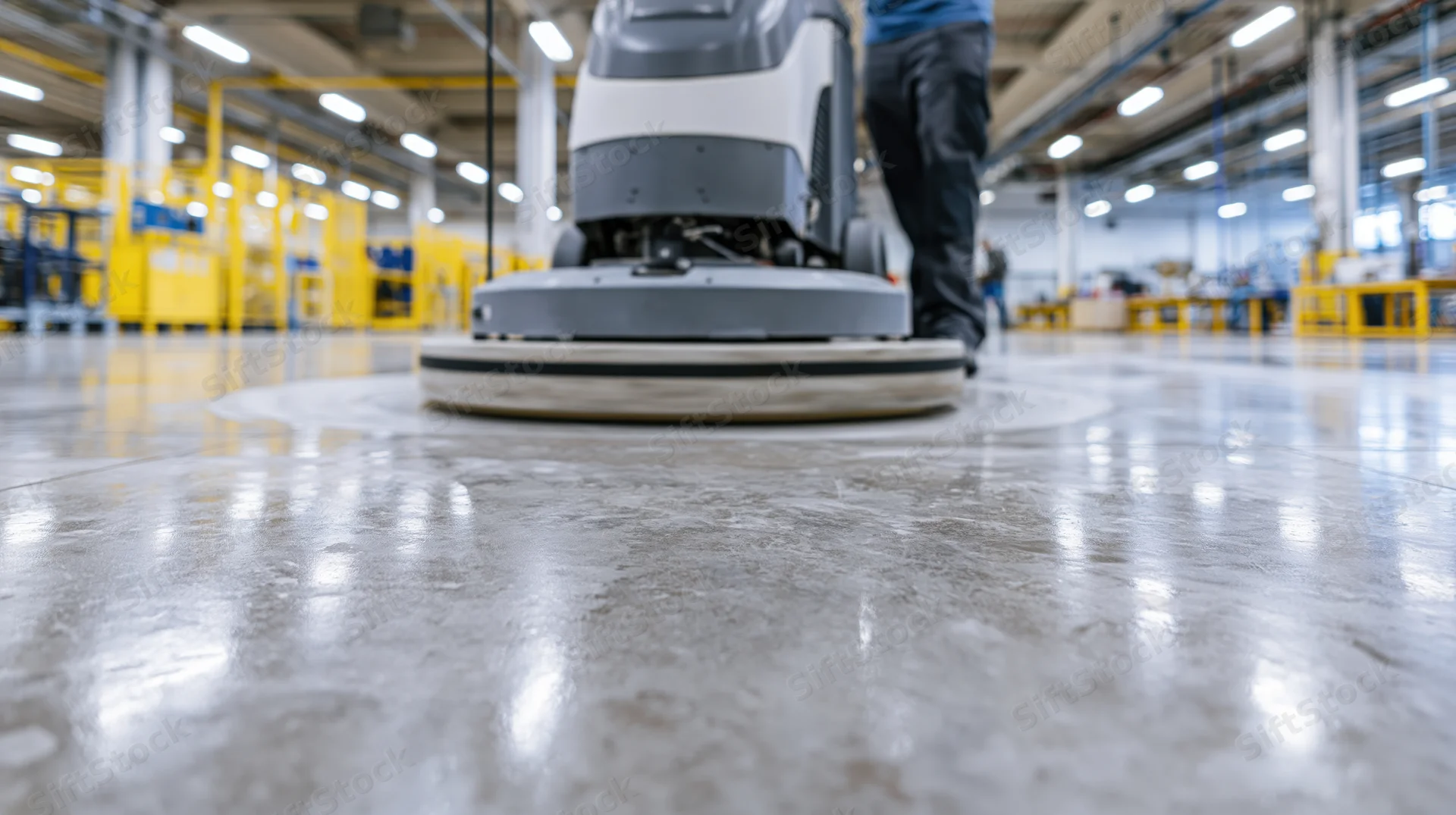 Maintenance worker operating floor buffer in industrial facility