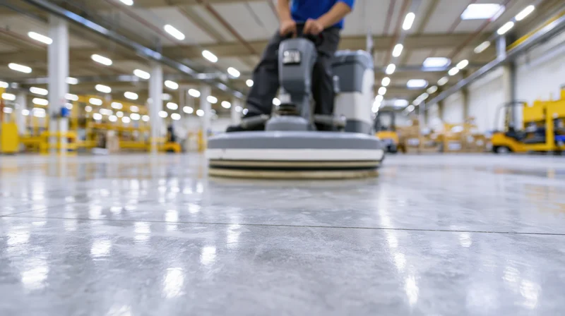 Maintenance worker operating floor buffer on polished concrete warehouse floor