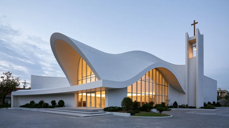 Modern catholic church with sweeping curved white concrete facade and glass walls at twilight