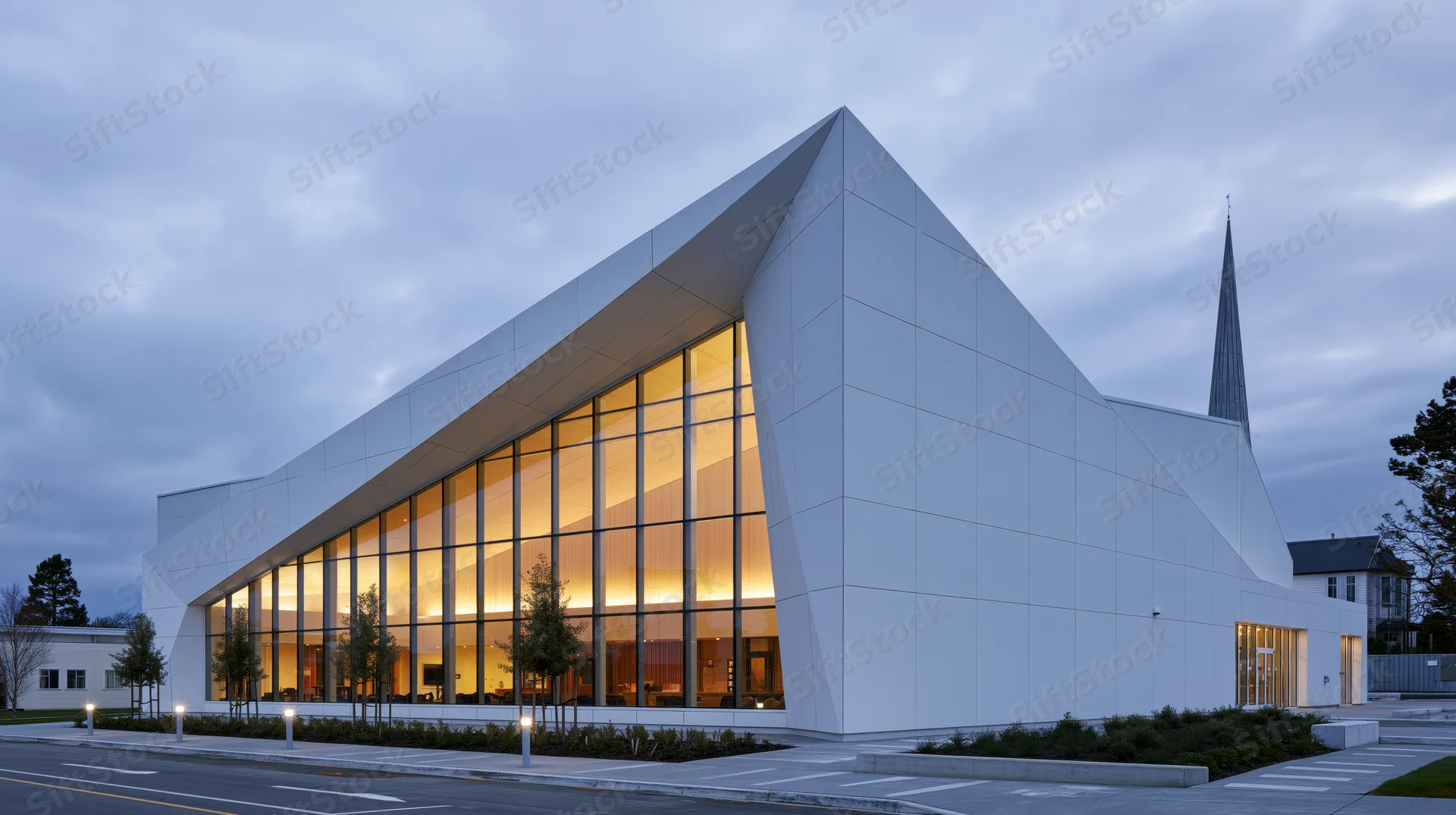 Modern white church with angular glass facade and spire at evening