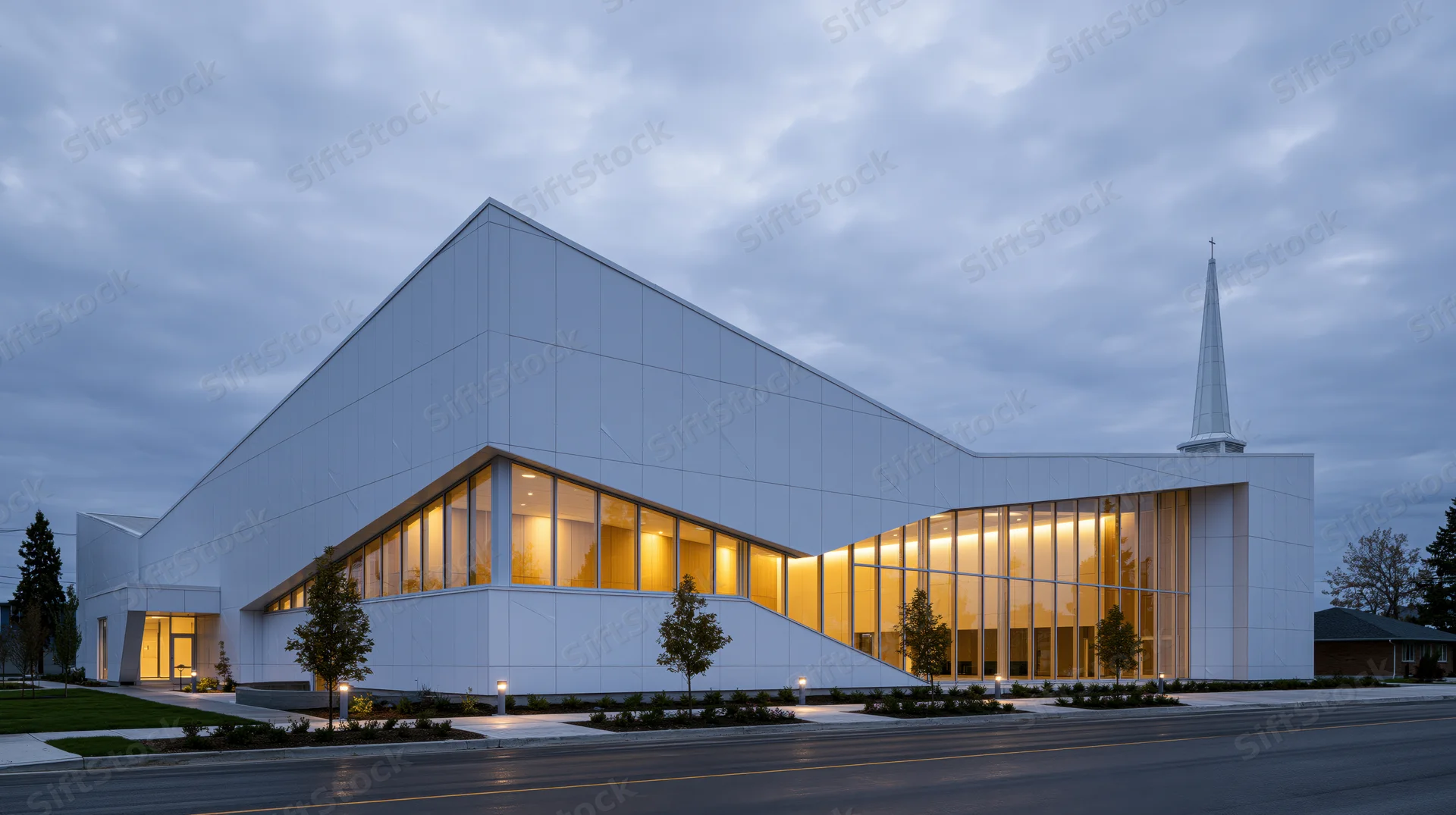 Modern white church with angular cladding and glass facade at dusk along a street