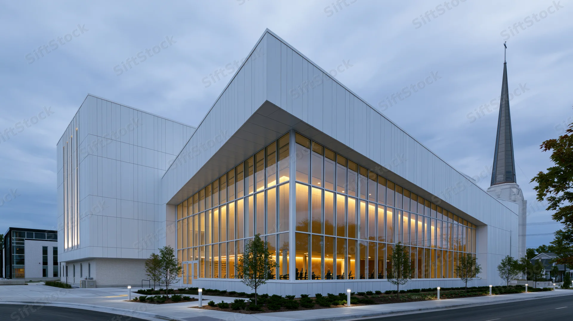 Modern church with angular white cladding and glass facade at twilight, viewed from street level with trees and sidewalk in foreground