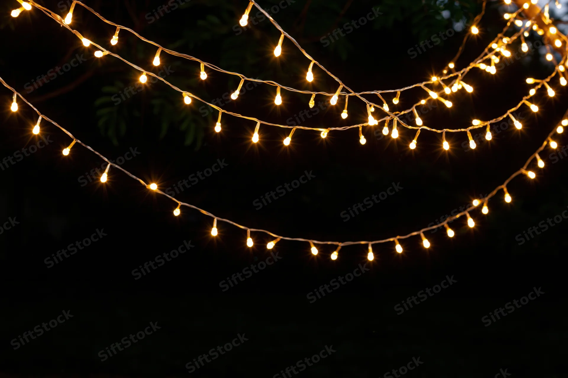 Multiple strands of warm white fairy lights draped loosely outdoors at night