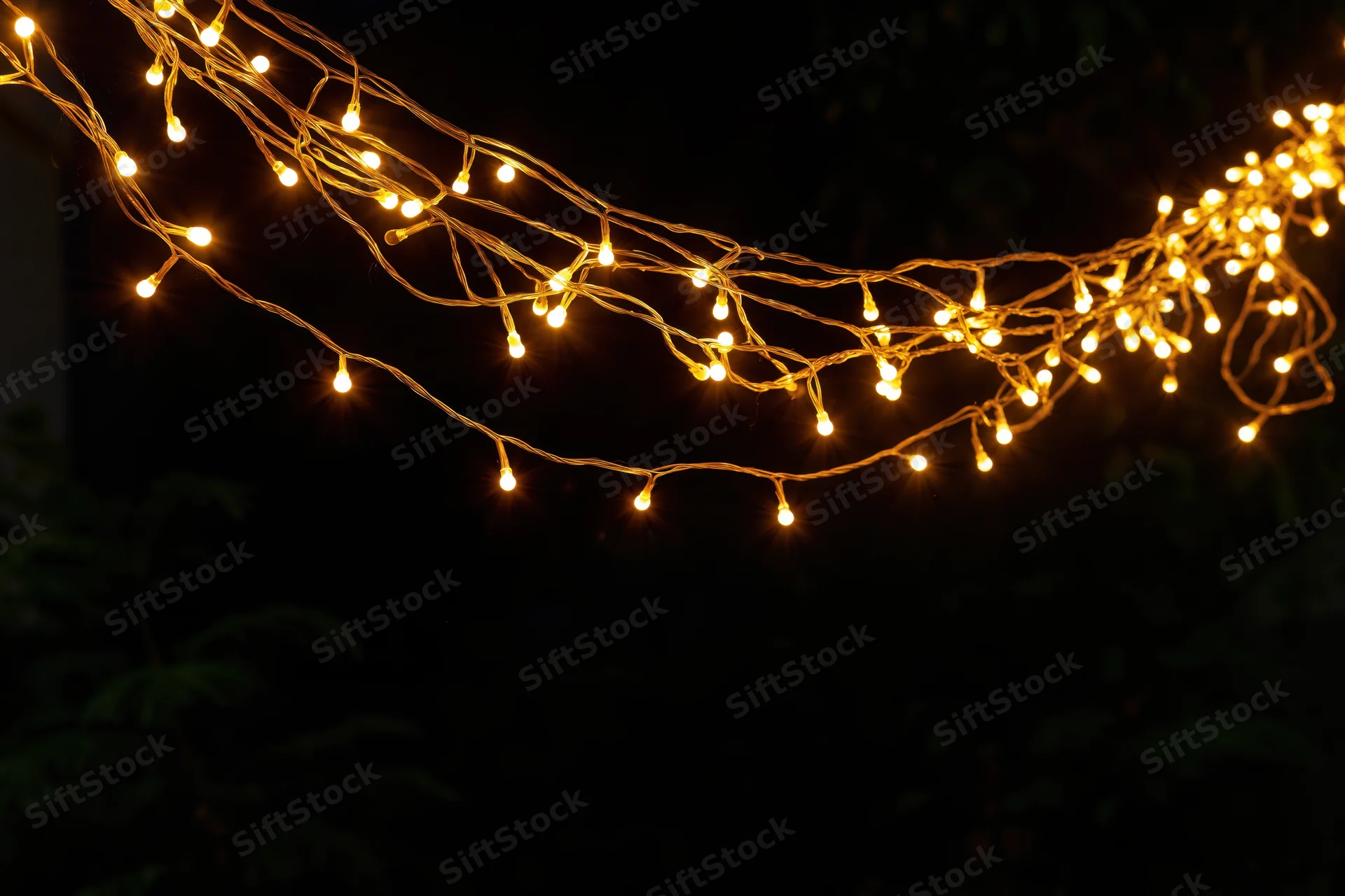 Multiple strands of warm yellow fairy lights draped loosely outdoors at night with foliage in the background
