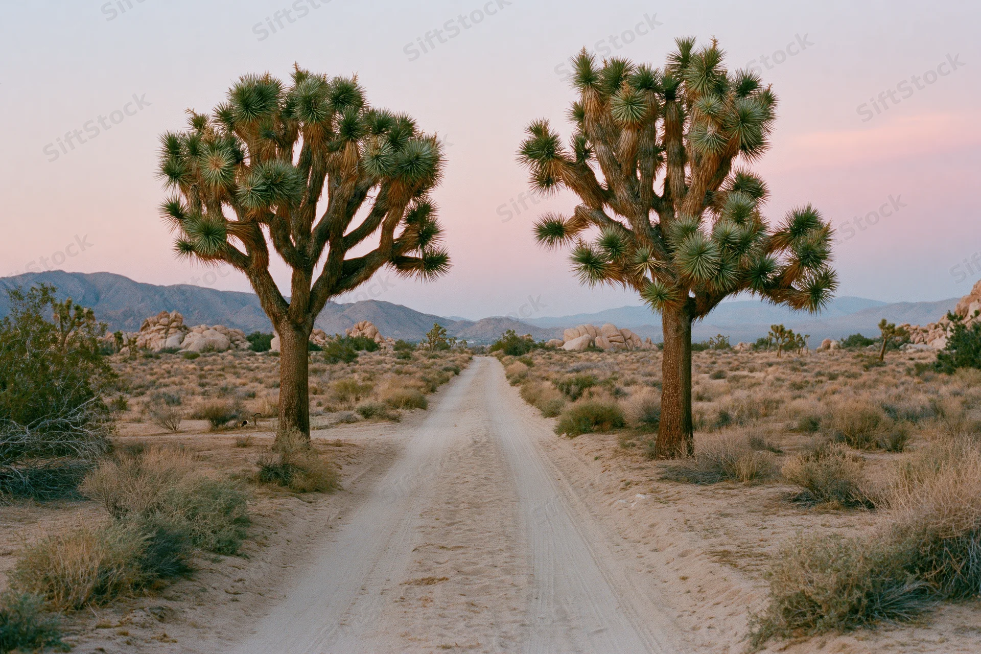Straight sandy dirt road through mojave desert flanked by joshua trees at dusk