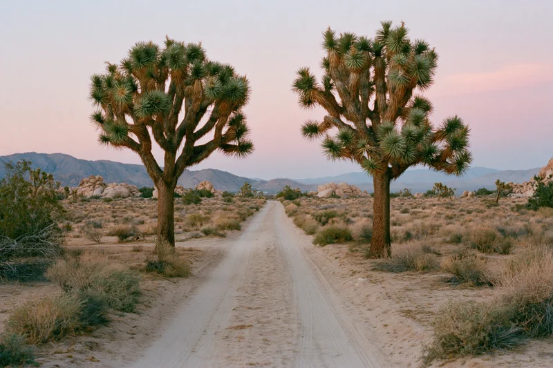 Straight sandy dirt road through mojave desert flanked by joshua trees at dusk