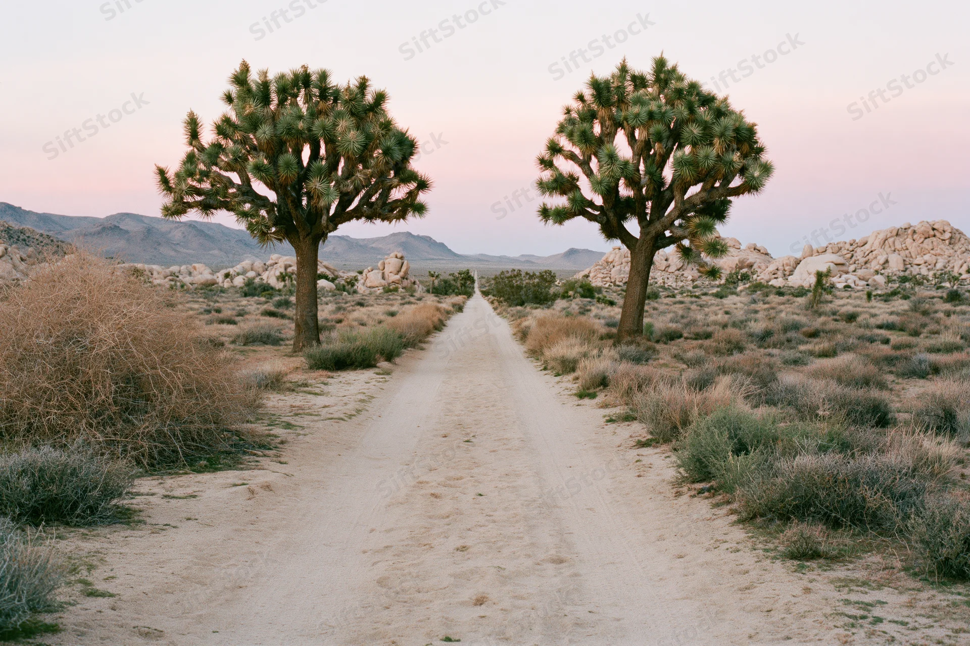Straight sandy dirt road through mojave desert with joshua trees on either side at dusk