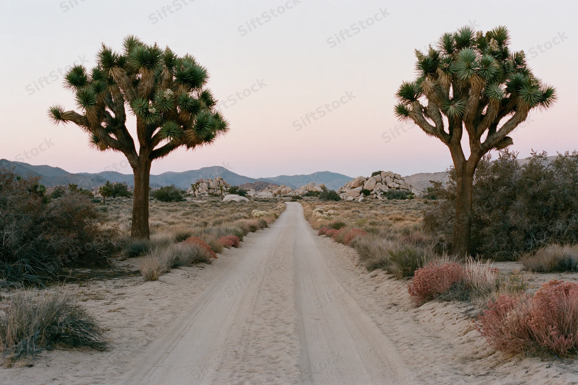 Straight sandy dirt road through mojave desert with joshua trees and distant mountains at dusk