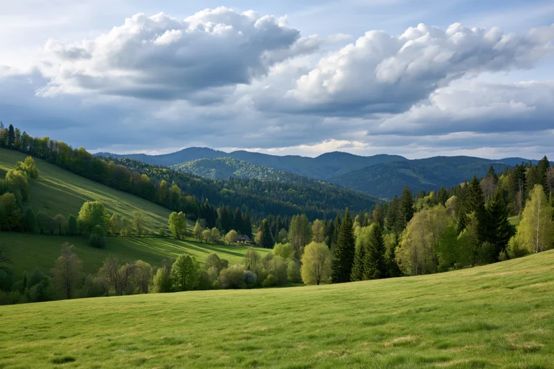 Open grassy meadow in spring rolling toward forested hills in the Carpathian countryside