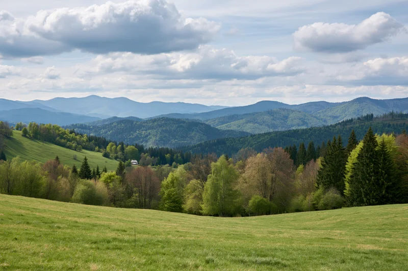 Open grassy meadow rolling toward forested hills in spring under cloudy sky