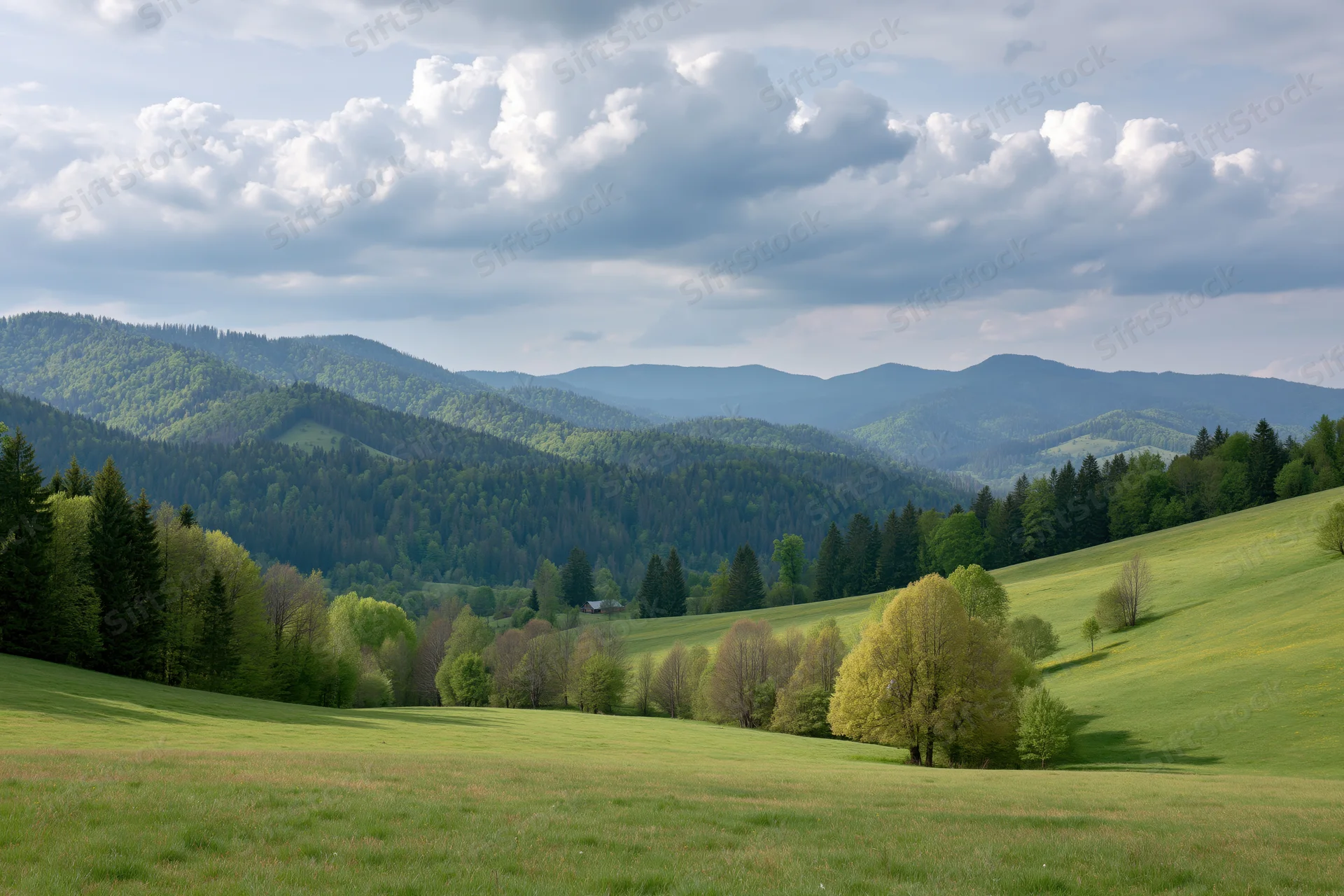 Open grassy meadow rolling toward forested Carpathian mountains in spring