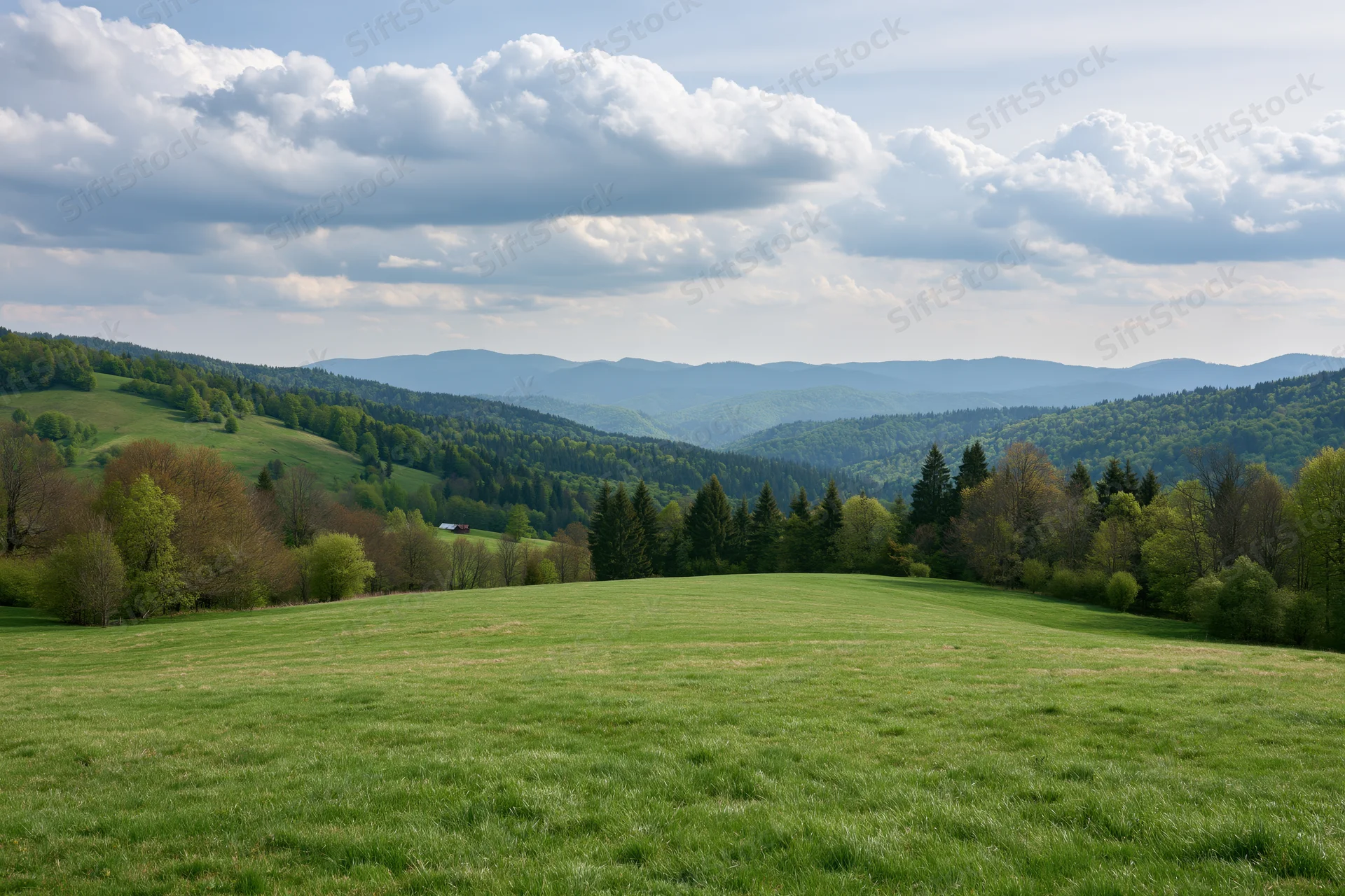 Open grassy meadow in spring rolling toward forested Carpathian hills under cloudy sky