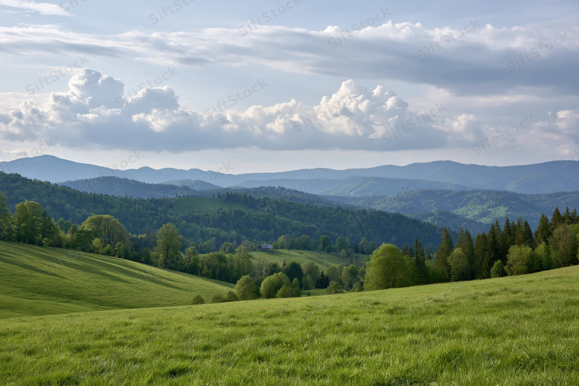 Open grassy meadow rolling toward forested hills in spring under cloudy sky