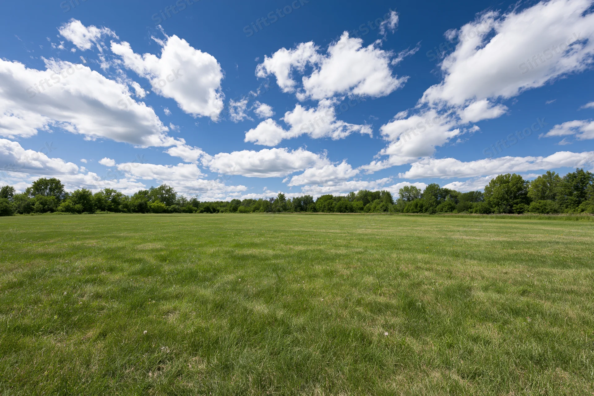 Open grassy meadow stretching to a treeline of mixed deciduous trees under a blue sky with scattered white clouds