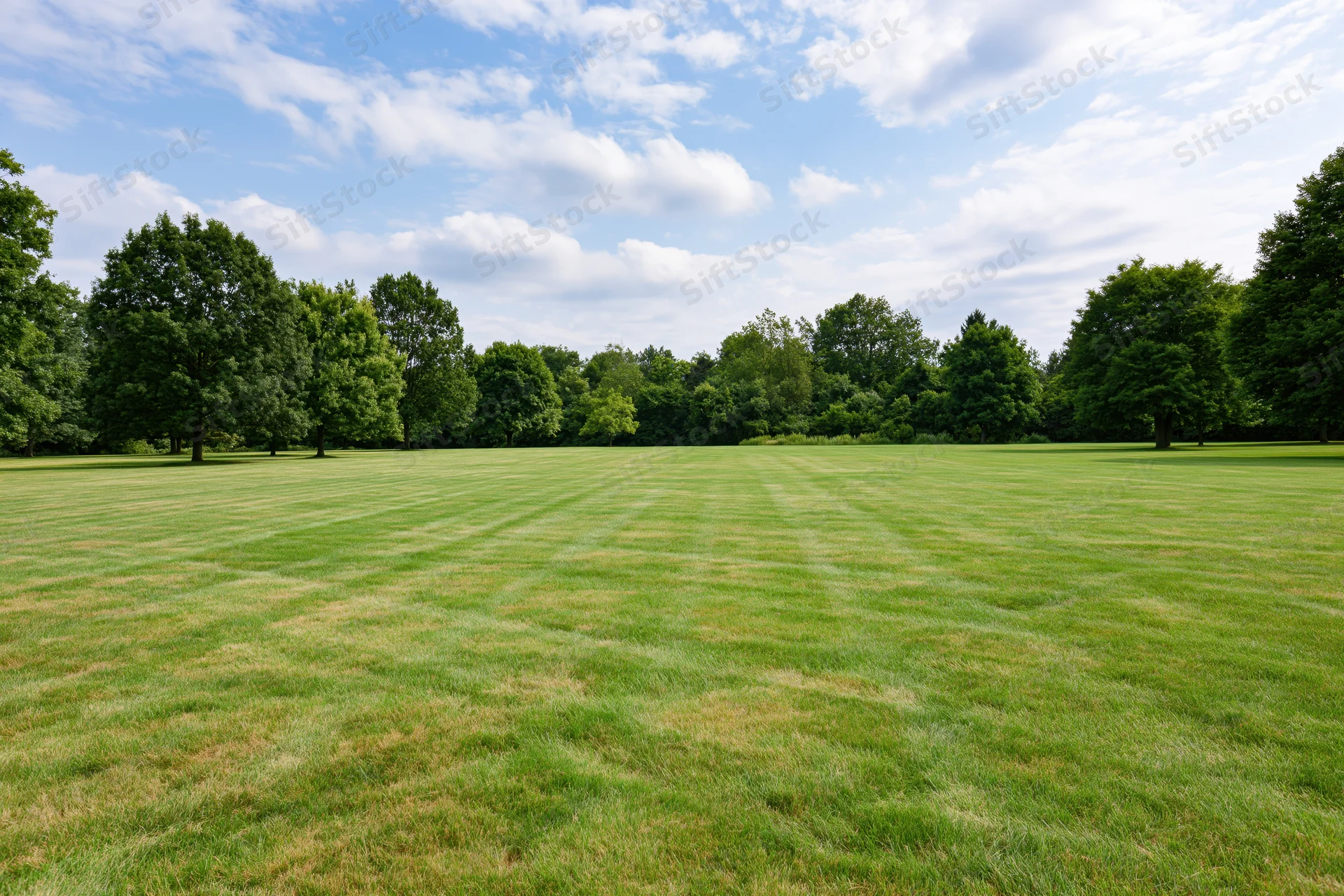 Wide mowed grass lawn stretching toward a line of trees under a blue sky with scattered clouds in an open park setting