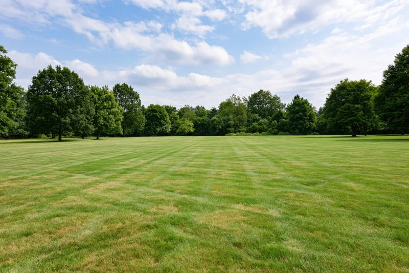 Wide mowed grass lawn stretching toward a line of trees under a blue sky with scattered clouds in an open park setting