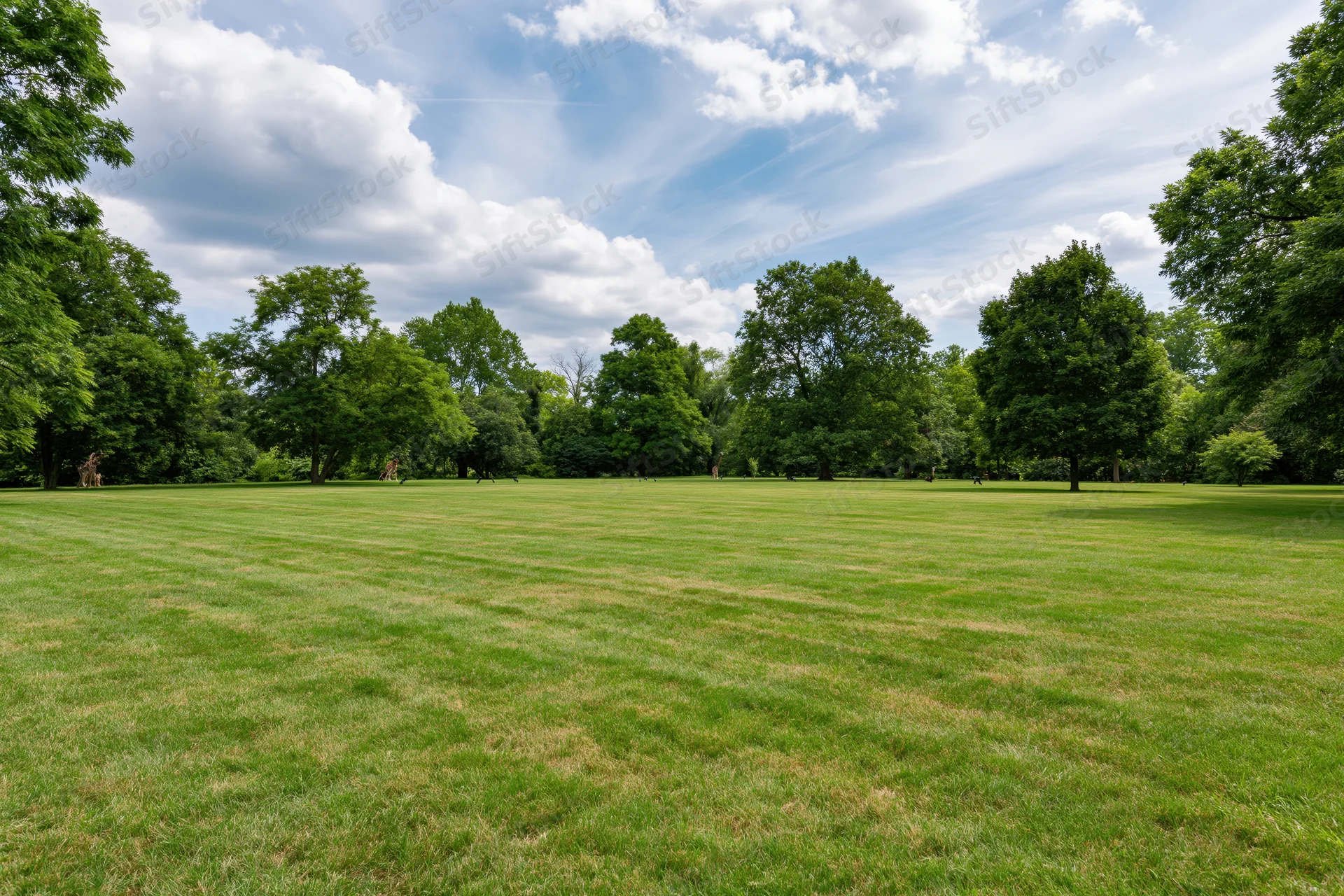 Wide mowed grass lawn stretching toward a line of trees in an open public park under a partly cloudy blue sky
