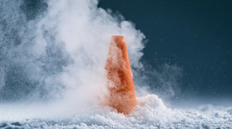 Orange traffic cone partially buried in snow with rising steam and frost around it
