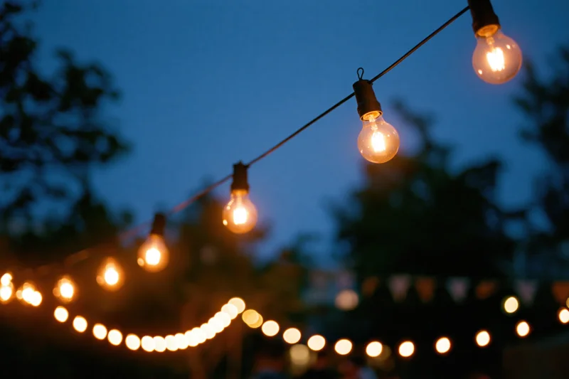 Warm edison string lights hanging across a garden patio at twilight