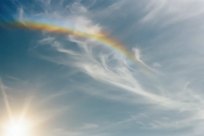 Overexposed sky with wispy cirrus clouds and a faint rainbow arc near the sun