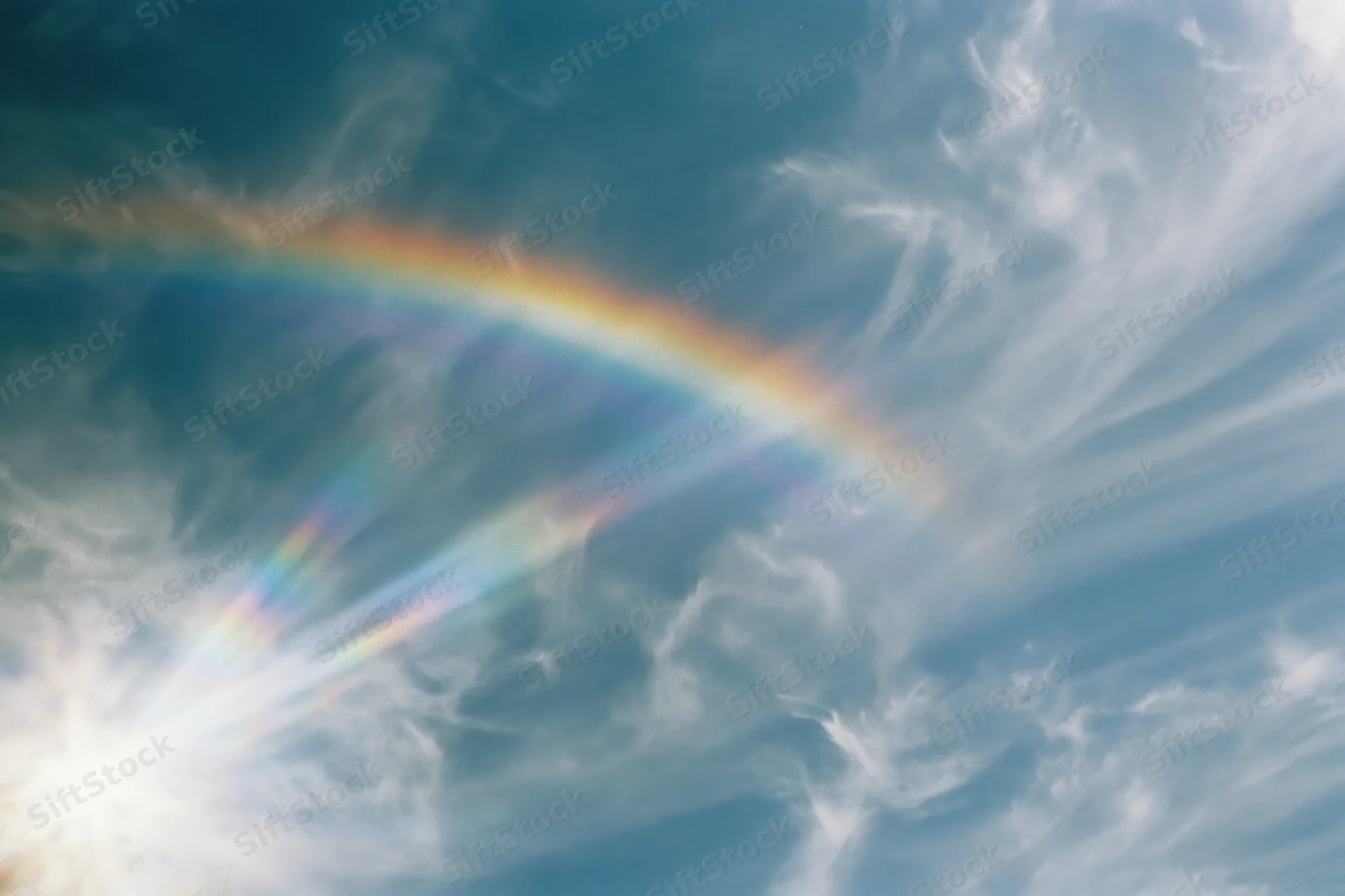 Overexposed sky with wispy cirrus clouds and iridescent rainbow arc