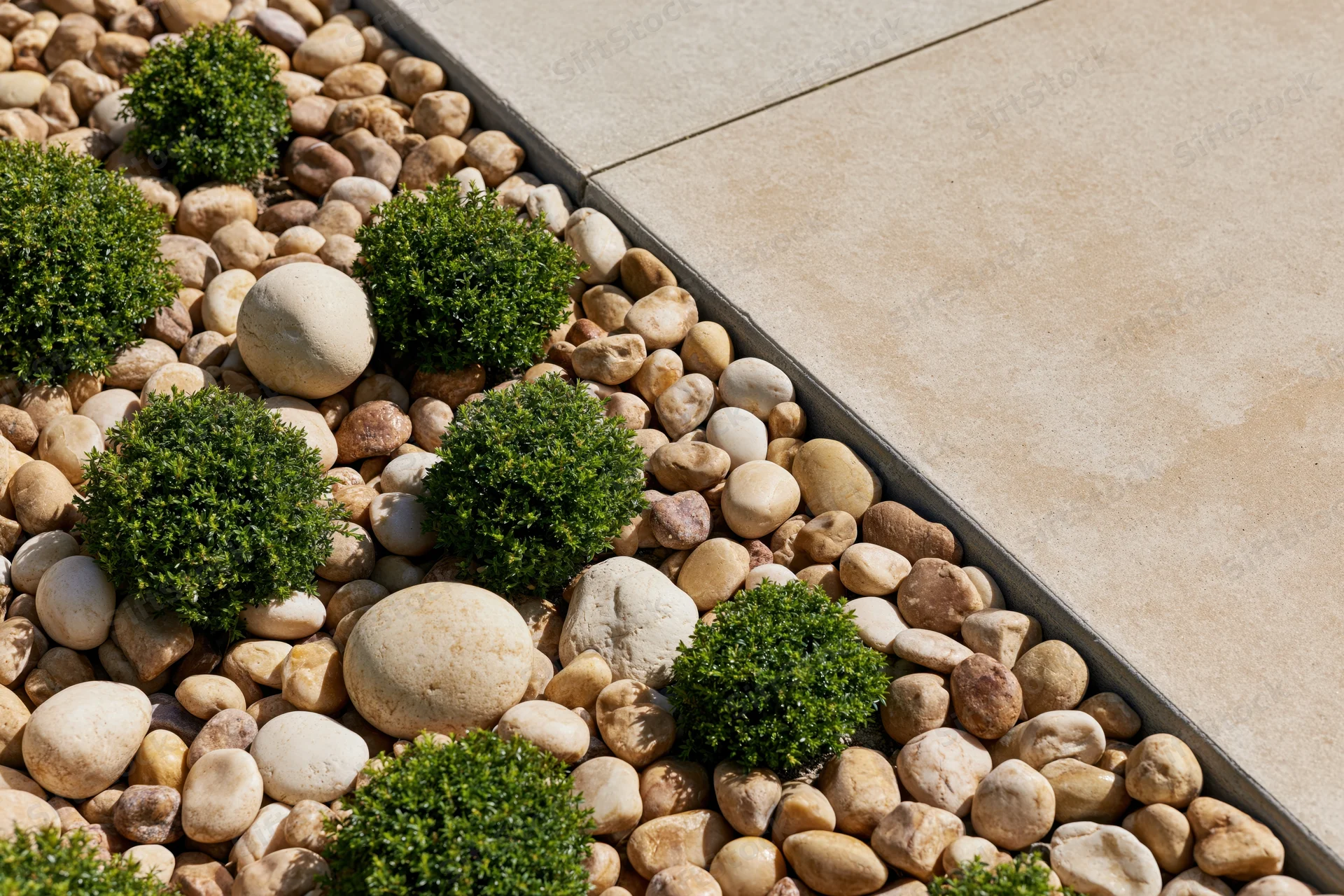 Low-maintenance garden bed with boxwood shrubs and smooth pebbles along a concrete patio border
