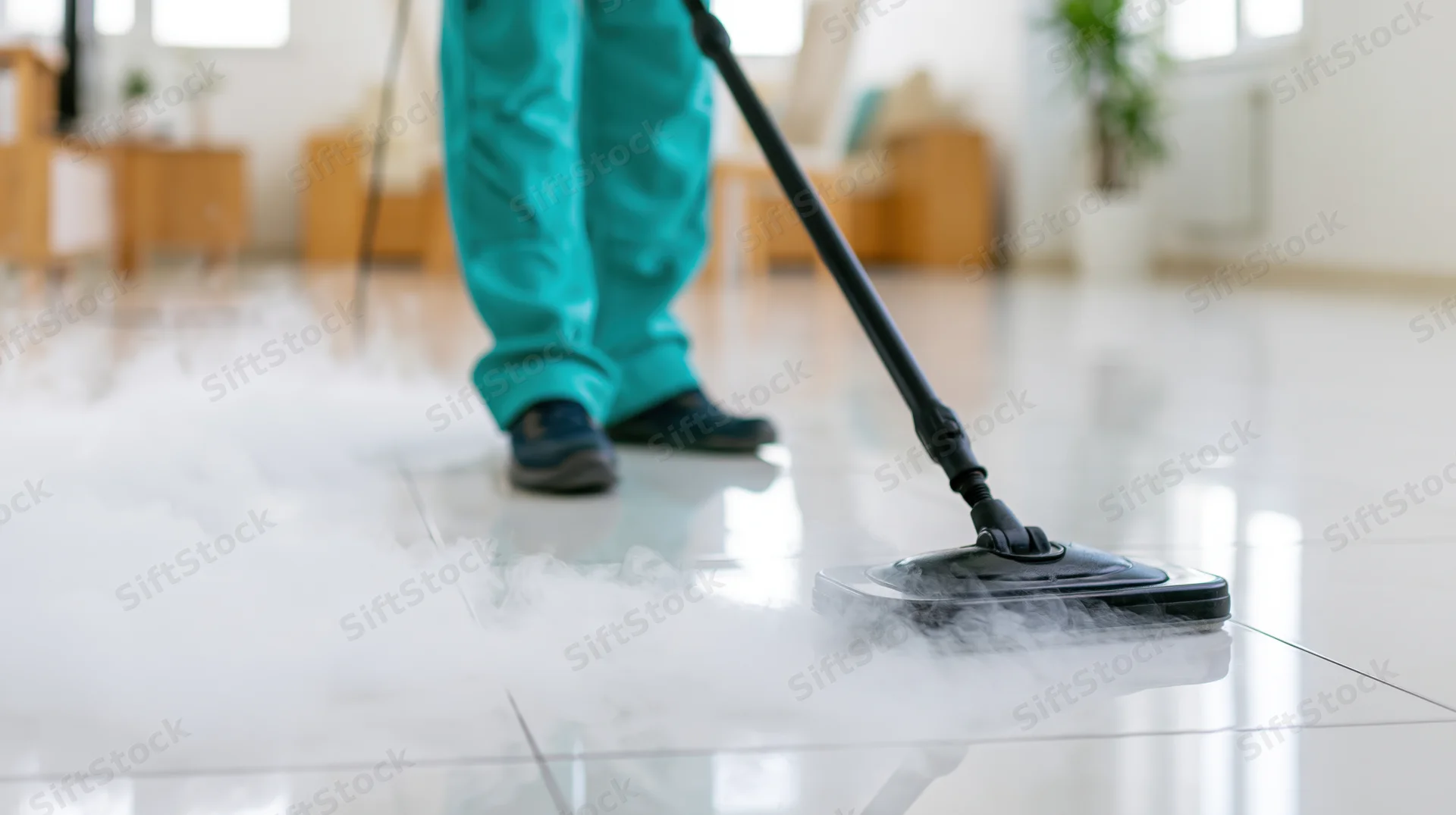 Worker using steam mop on glossy tile floor in bright interior space