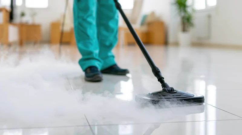 Worker using steam mop on glossy tile floor in bright interior space
