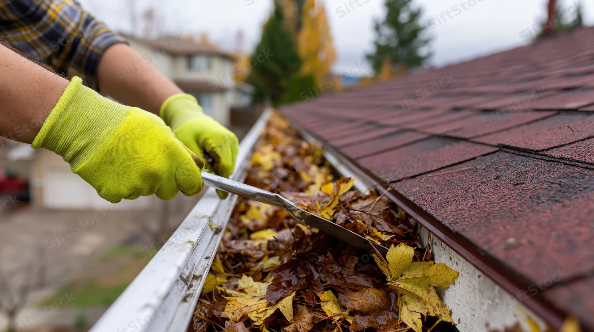 Person in yellow gloves scooping fallen leaves from a roof gutter during autumn maintenance