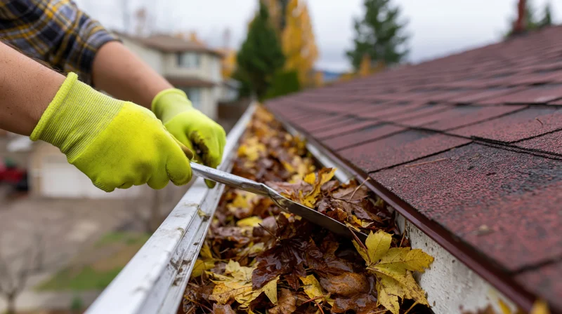 Person in yellow gloves scooping fallen leaves from a roof gutter during autumn maintenance