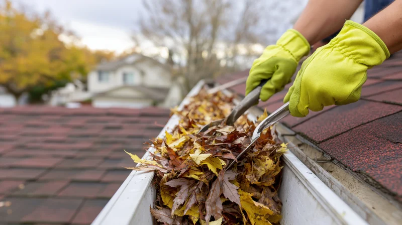 Person wearing yellow gloves scooping fallen leaves from a gutter on a roof
