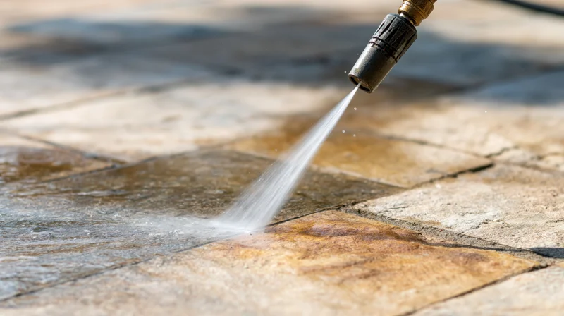 Pressure washer nozzle spraying water onto stone patio tiles outdoors