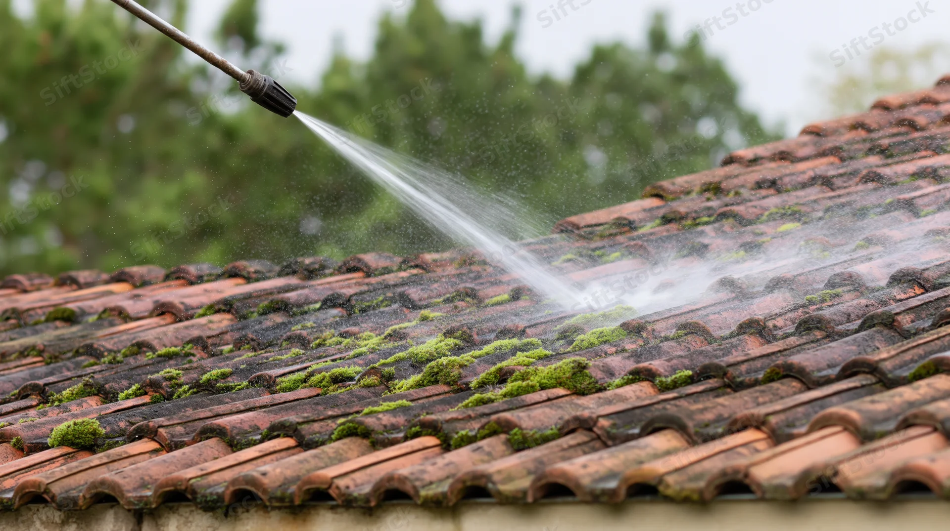 Pressure washer nozzle spraying water across moss-covered terracotta roof tiles