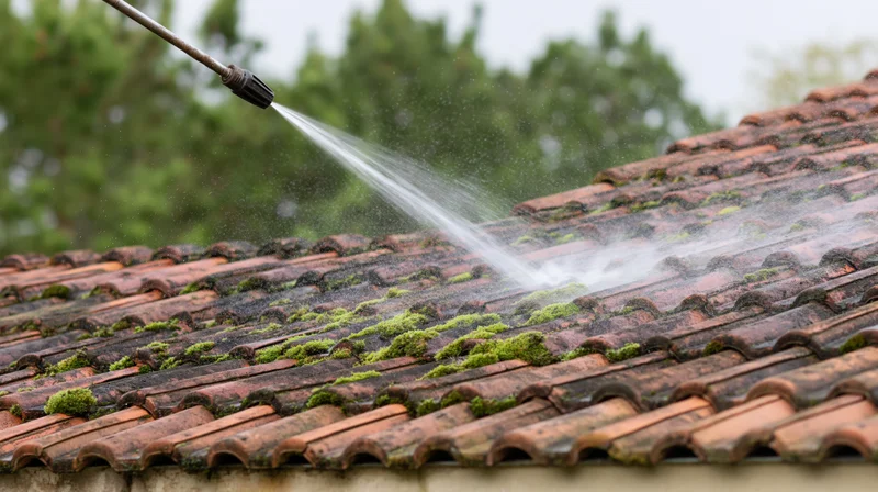 Pressure washer nozzle spraying water across moss-covered terracotta roof tiles